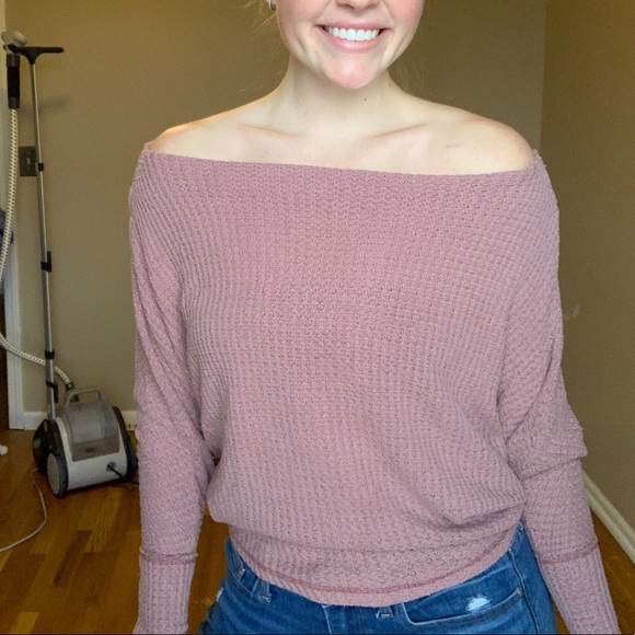 Free People mauve off the shoulder waffle knit top - Picture 3 of 8